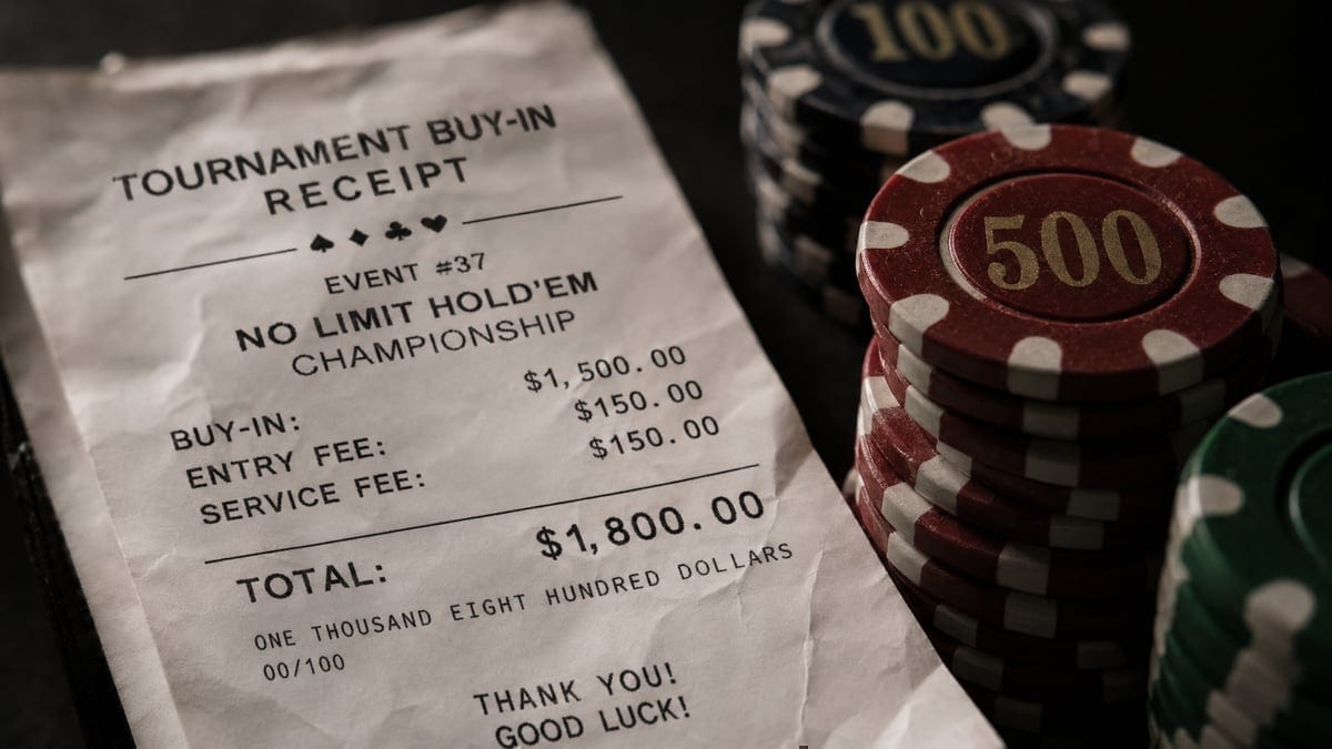 High stakes tournament buy-in receipt beside poker chips