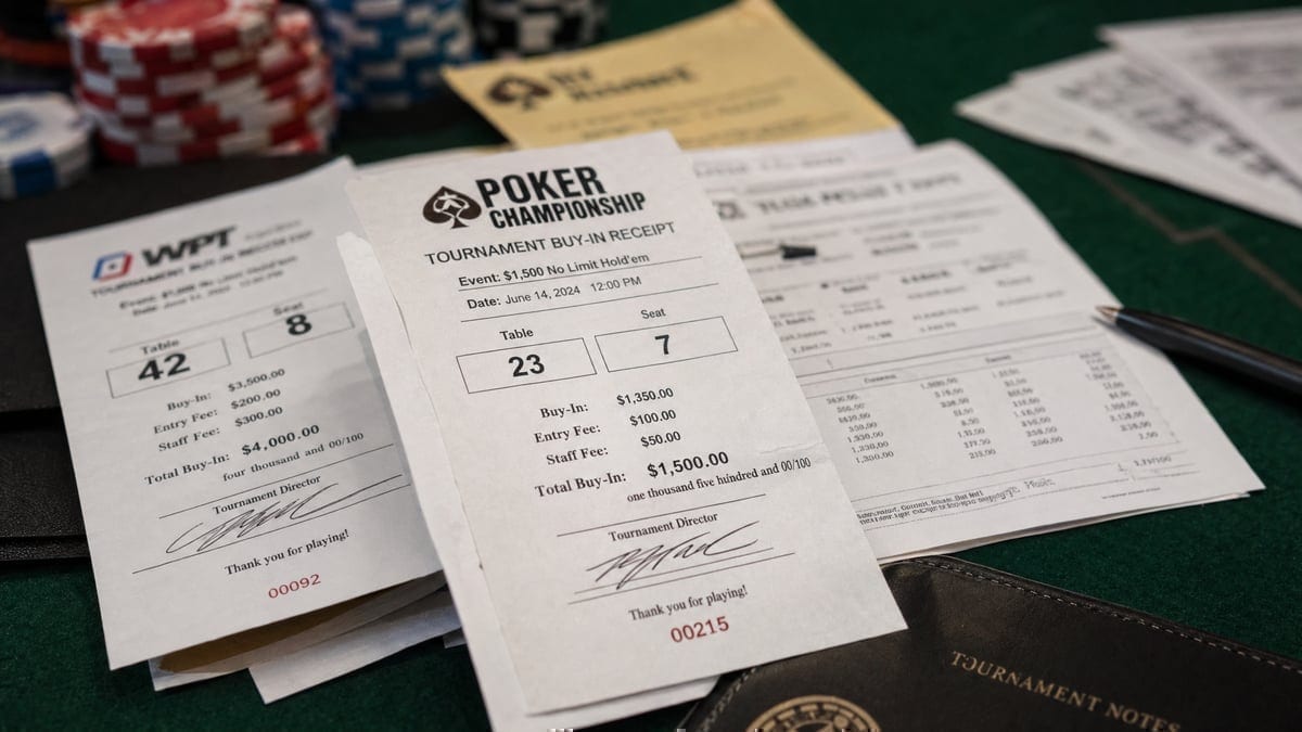 Tournament buy-in receipts and financial paperwork on a poker table