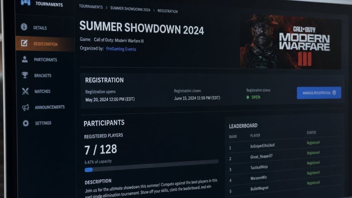 Tournament registration screen showing low player count