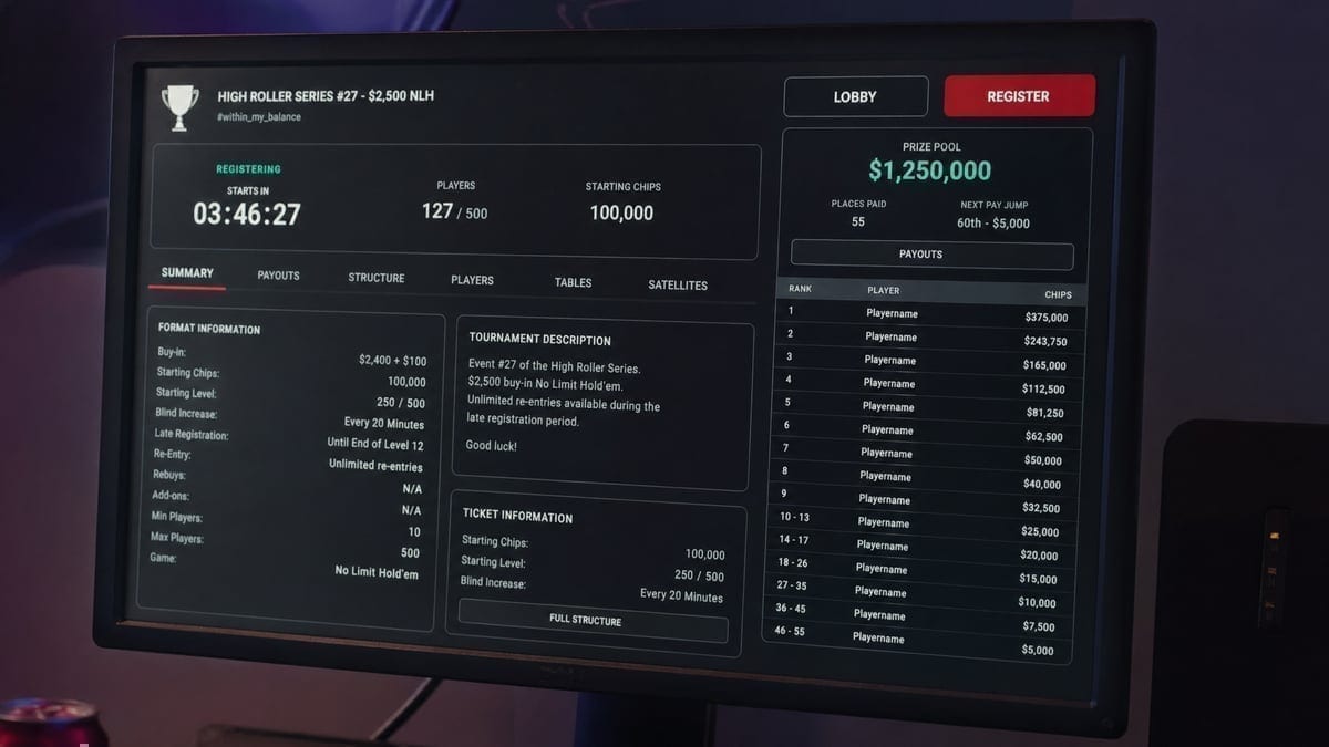 Tournament lobby showing overlay amounts on computer screen
