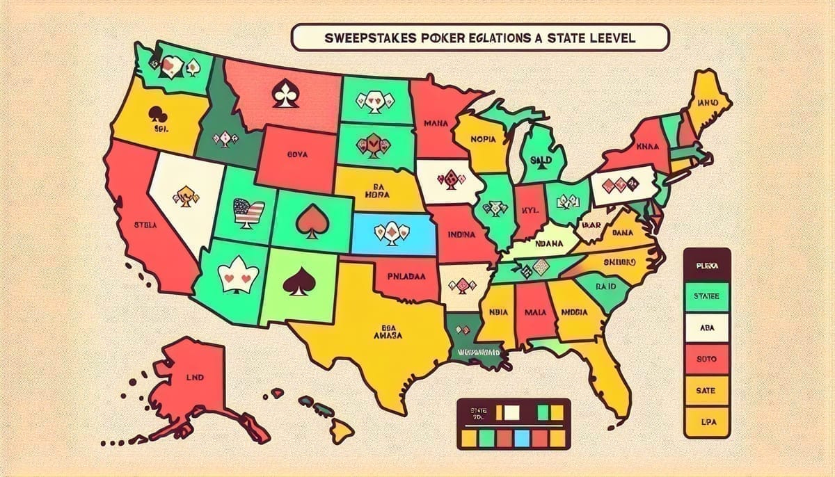 US map showing sweepstakes poker legal status by state