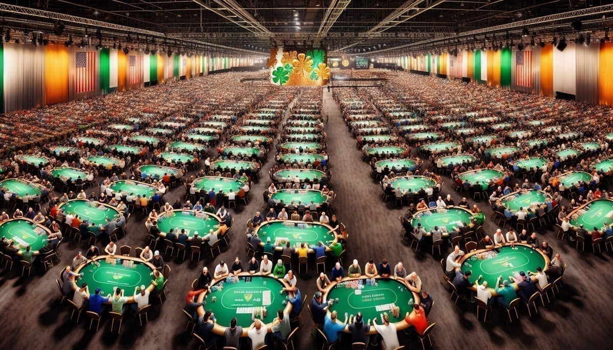 Packed tournament floor at the 2026 Irish Open showing hundreds of poker tables
