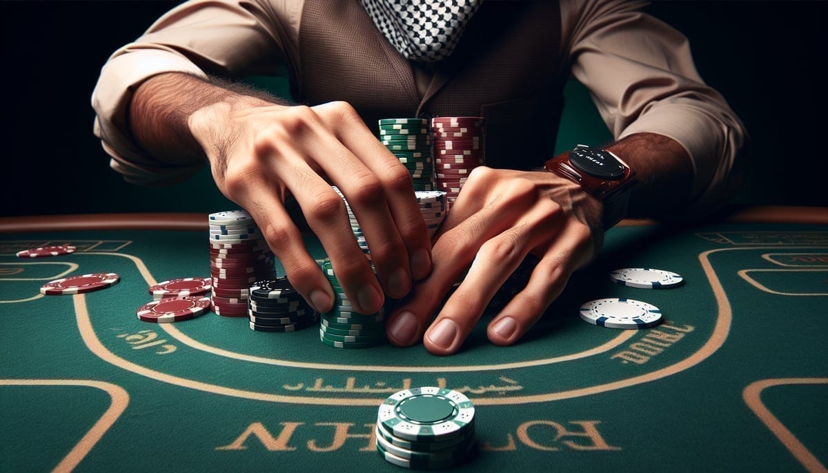 High stakes poker chips being pushed forward on table