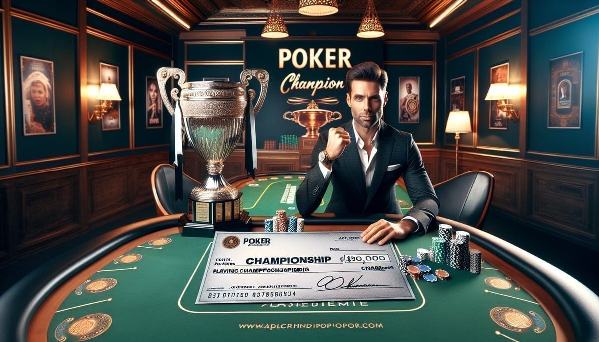 Tournament winner celebration setup with trophy and prizes