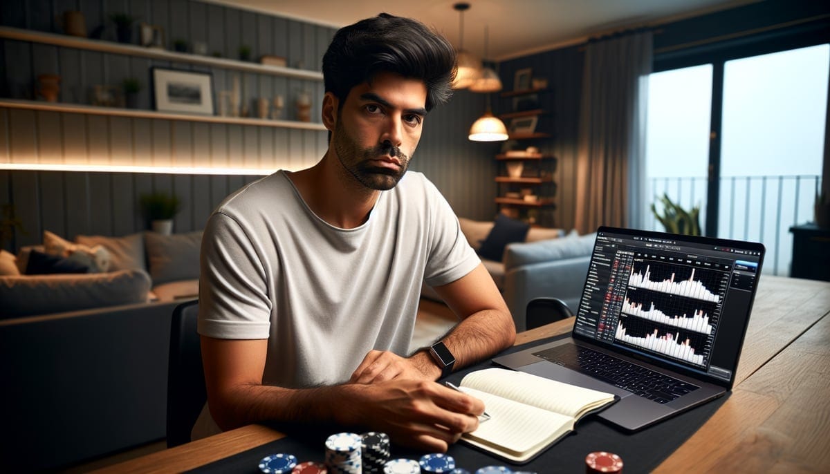 Poker player analyzing their game performance