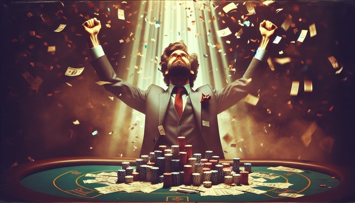 Joe Hachem celebrating his 2005 WSOP Main Event victory
