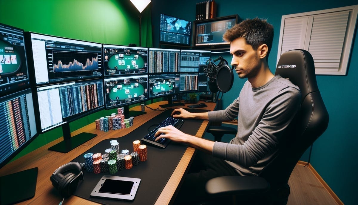 Doug Polk analyzing poker hands at his desk