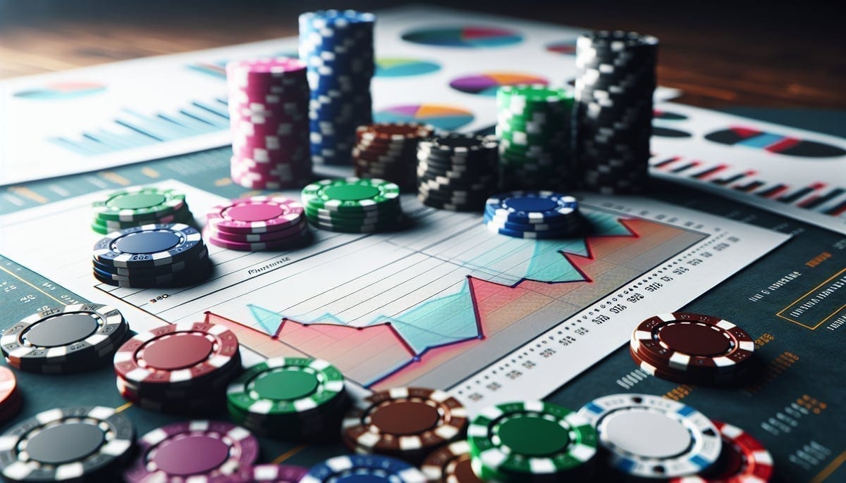 Financial charts showing poker revenue growth with casino chips