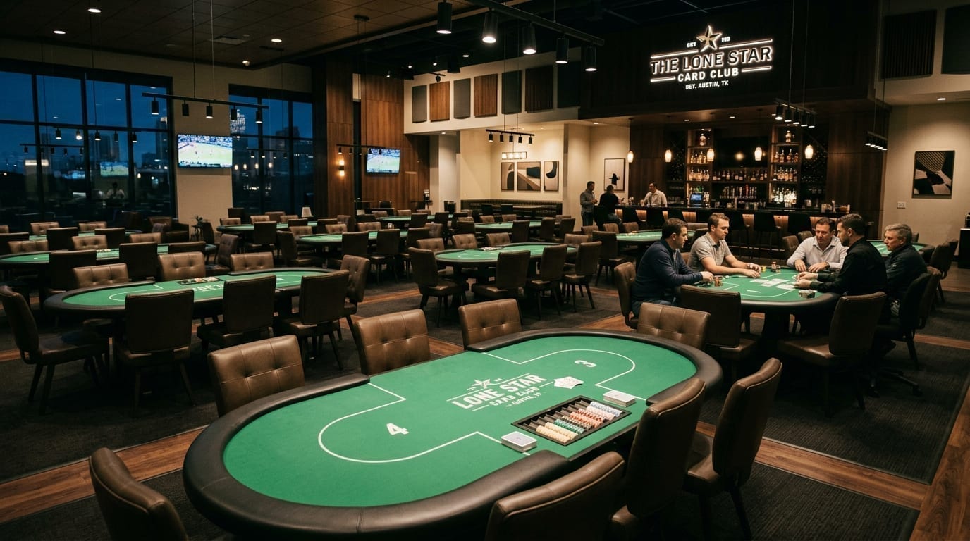 Interior view of a professional poker room with multiple tables