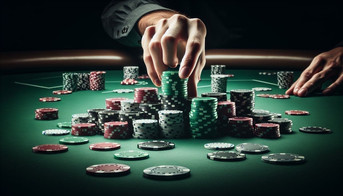 High stakes poker chips being pushed all-in