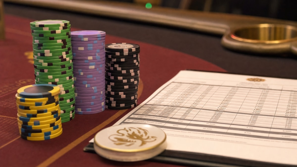 Chip stack and dealer button on a green felt tournament table