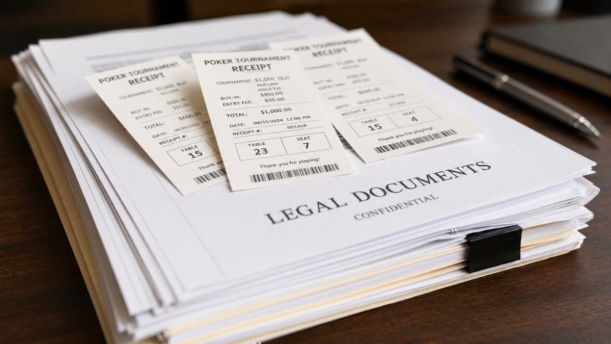 Legal bankruptcy documents mixed with poker tournament receipts