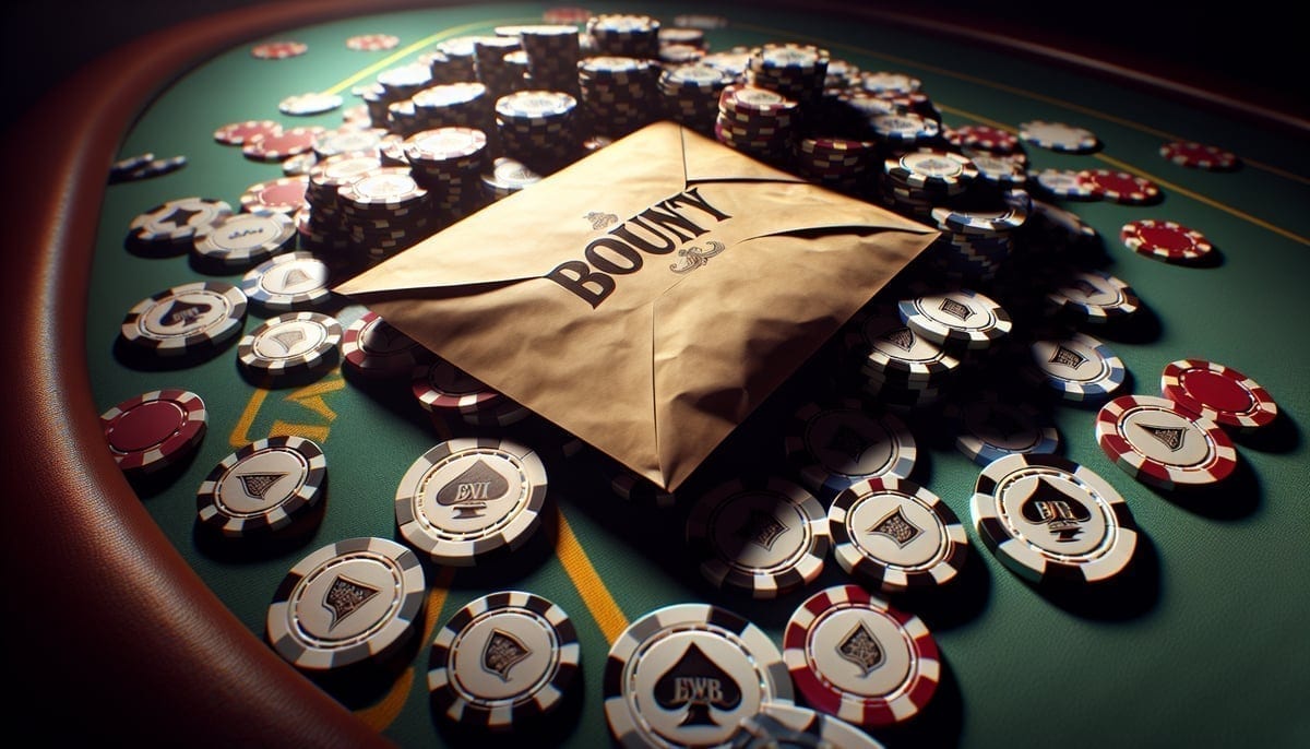 Mystery bounty envelopes scattered on a poker table with tournament chips