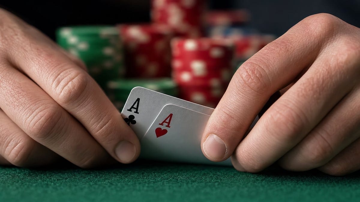 Player's hands revealing tension while holding poker cards