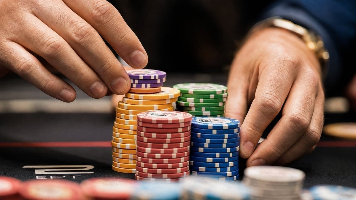 Tournament chips being arranged during WSOP play