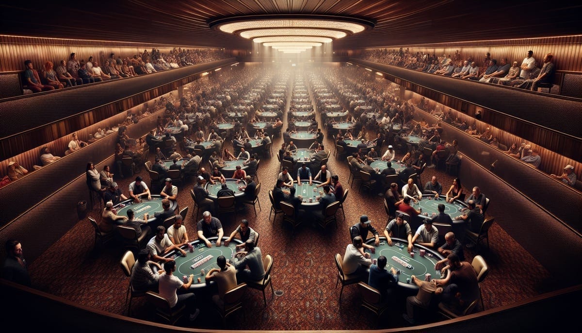 Crowded tournament floor at the Irish Open with hundreds of poker tables