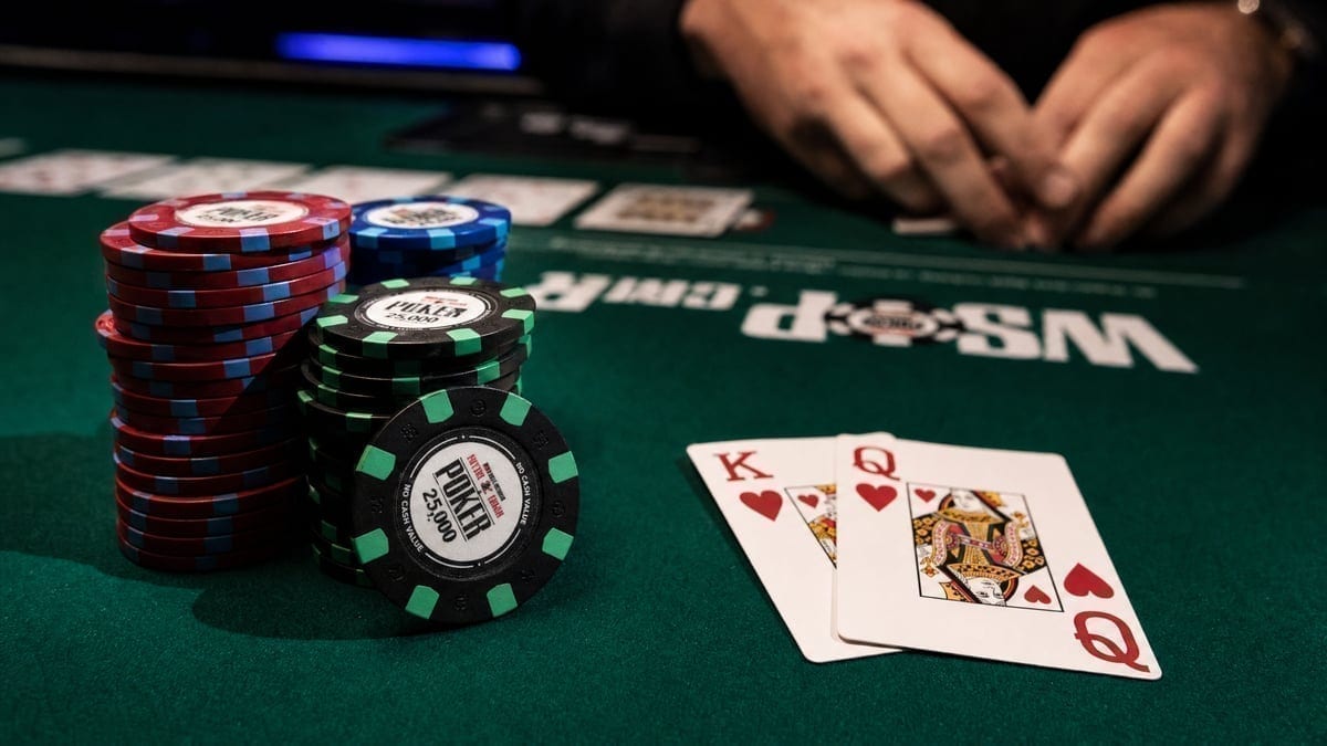 Poker chips and cards during heads-up championship play