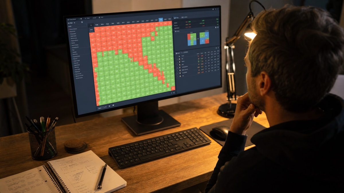 A poker student reviewing a solver strategy grid on a monitor with handwritten notes nearby