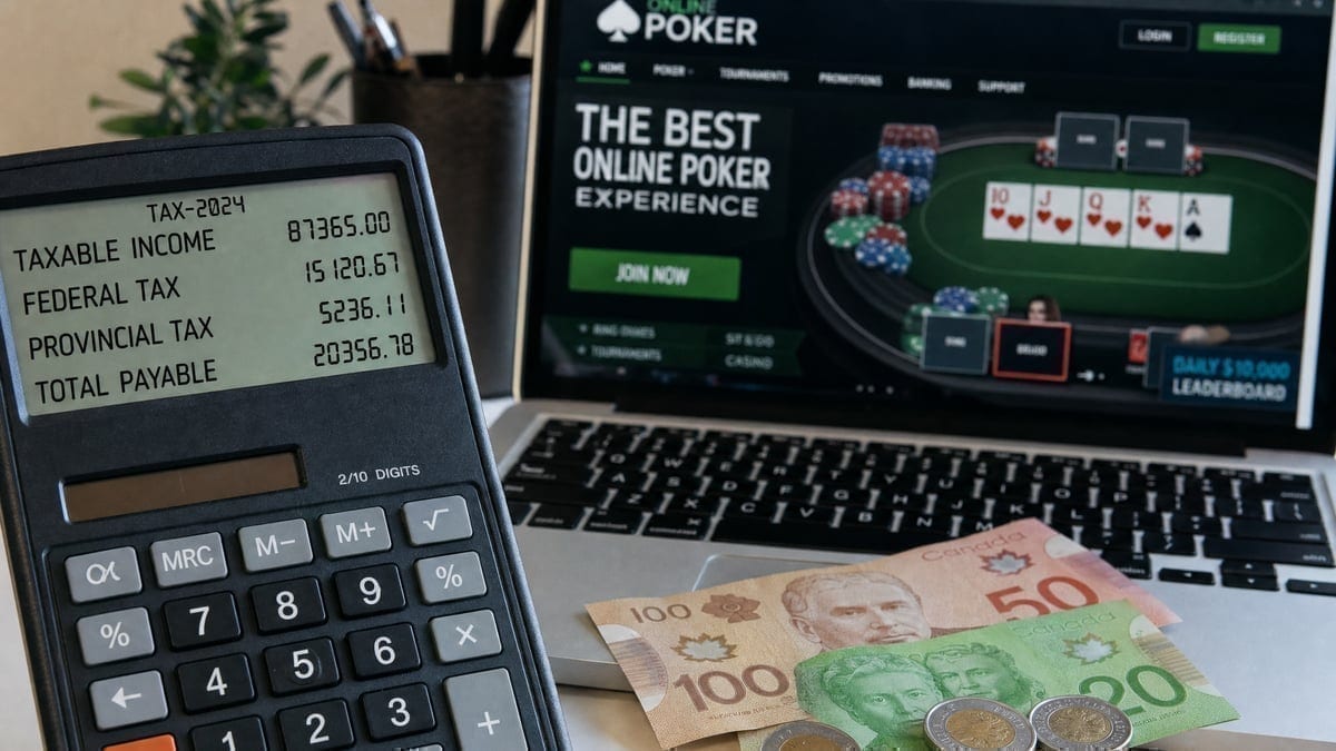 Calculator showing tax calculations next to online poker screen
