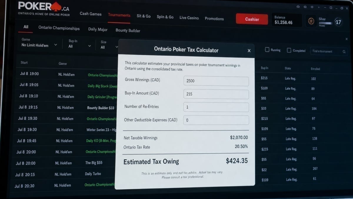 Ontario online poker platform displayed on computer screen with calculator