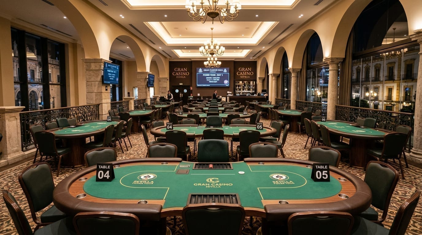 Professional poker tournament setup at Seville venue
