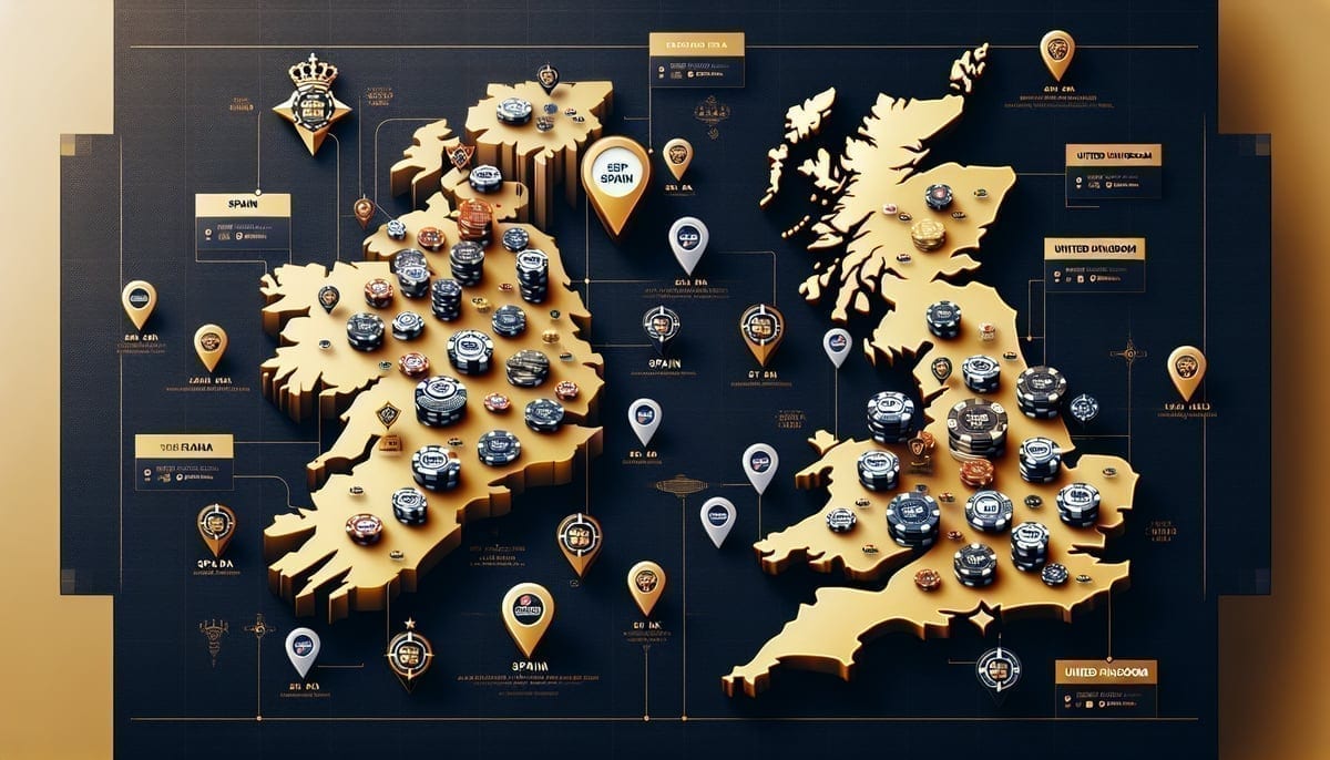 Map showing PartyPoker Tour 2026 stops across Spain and UK