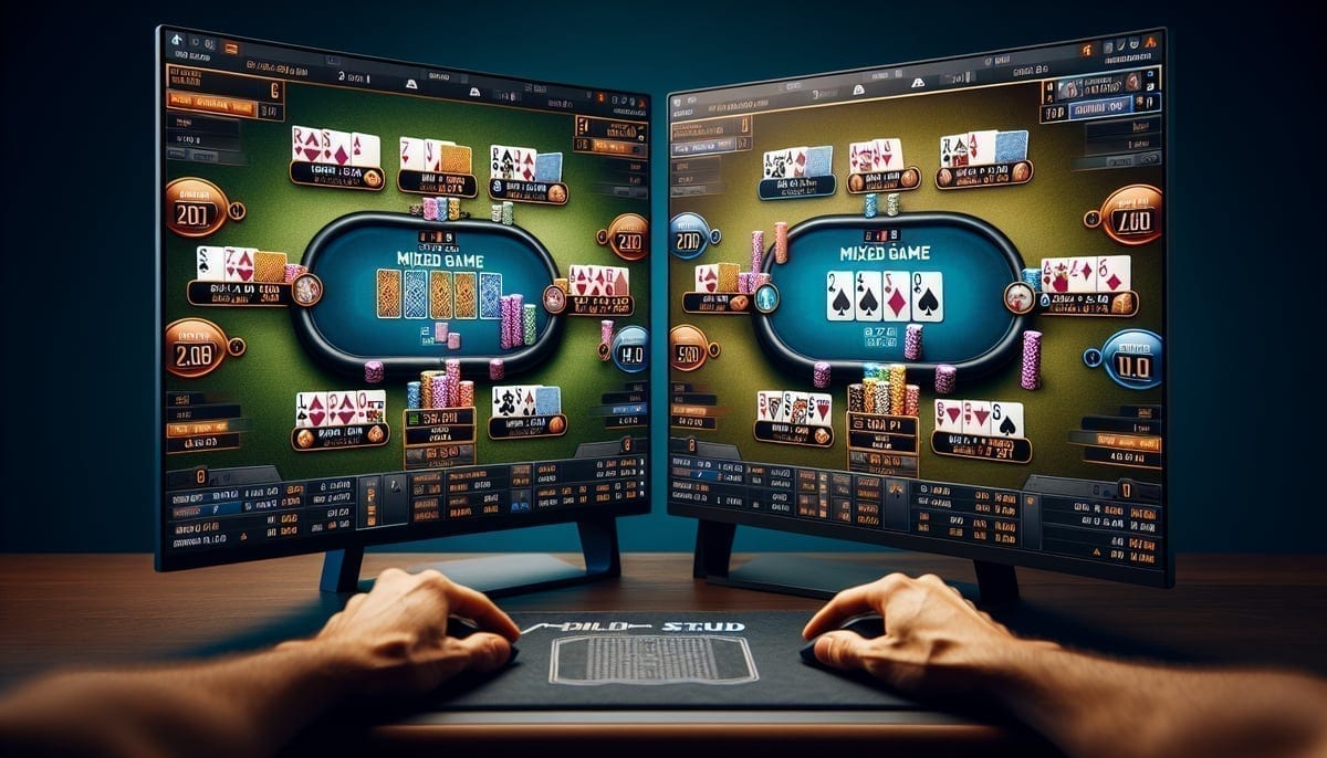 Two computer screens showing simultaneous mixed game victories
