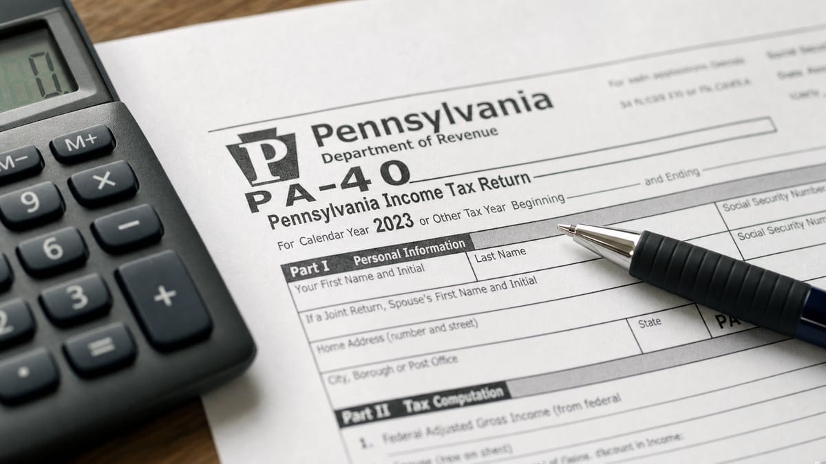 Pennsylvania tax forms with calculator on desk
