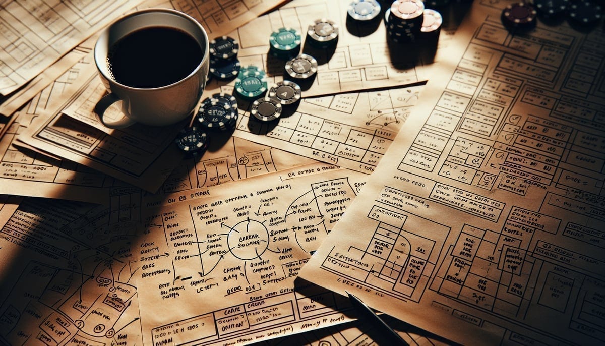 Poker strategy notes and diagrams on a desk