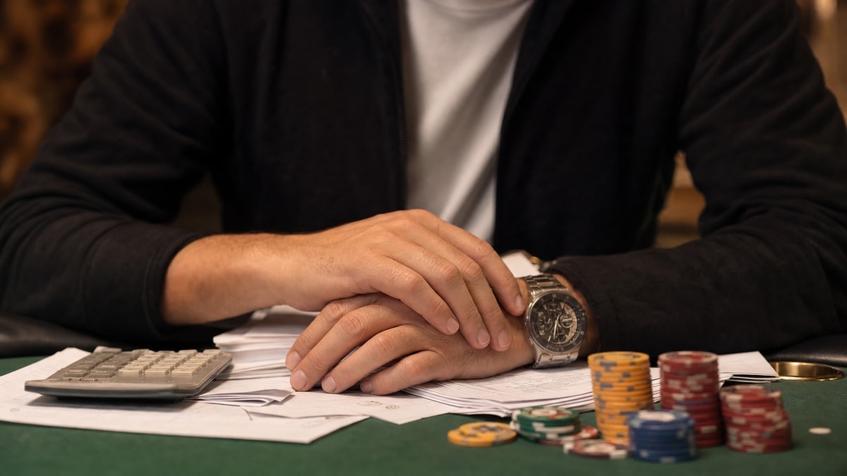 A poker player's hands resting between chips and tax paperwork