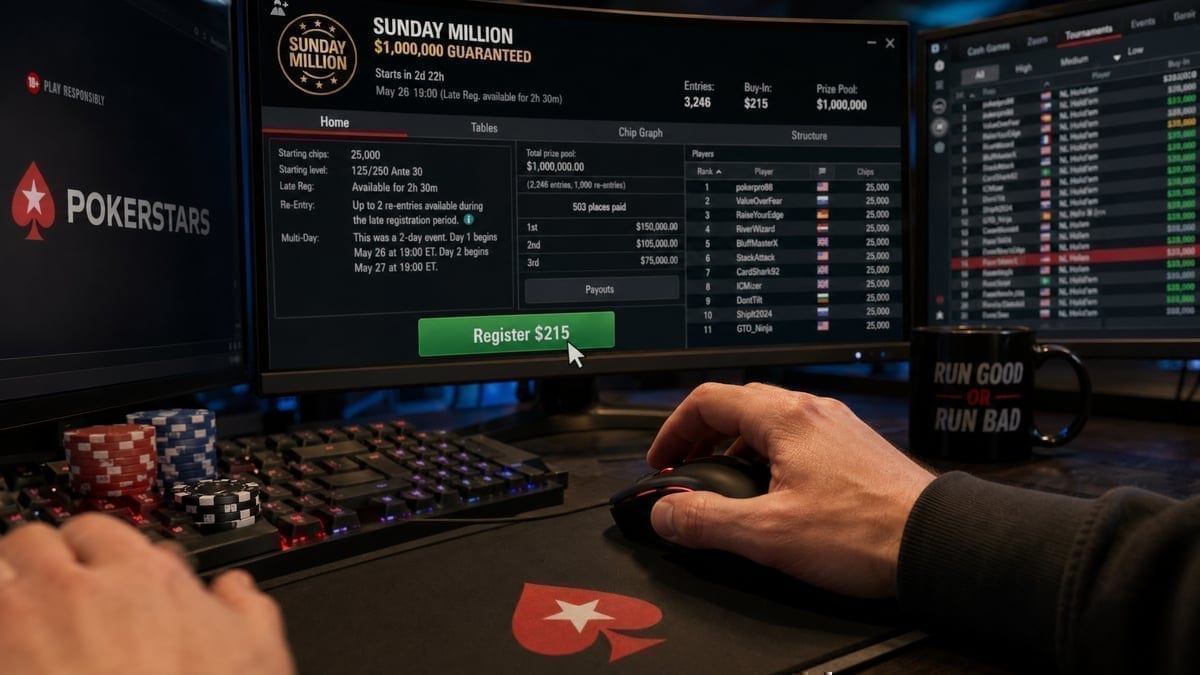 Player registering for online poker tournament on multiple screens
