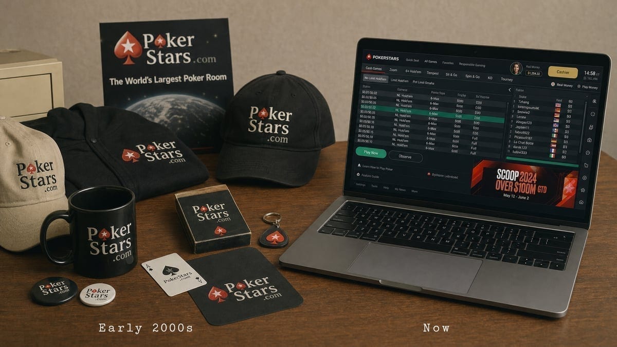 Vintage PokerStars memorabilia alongside modern online poker setup