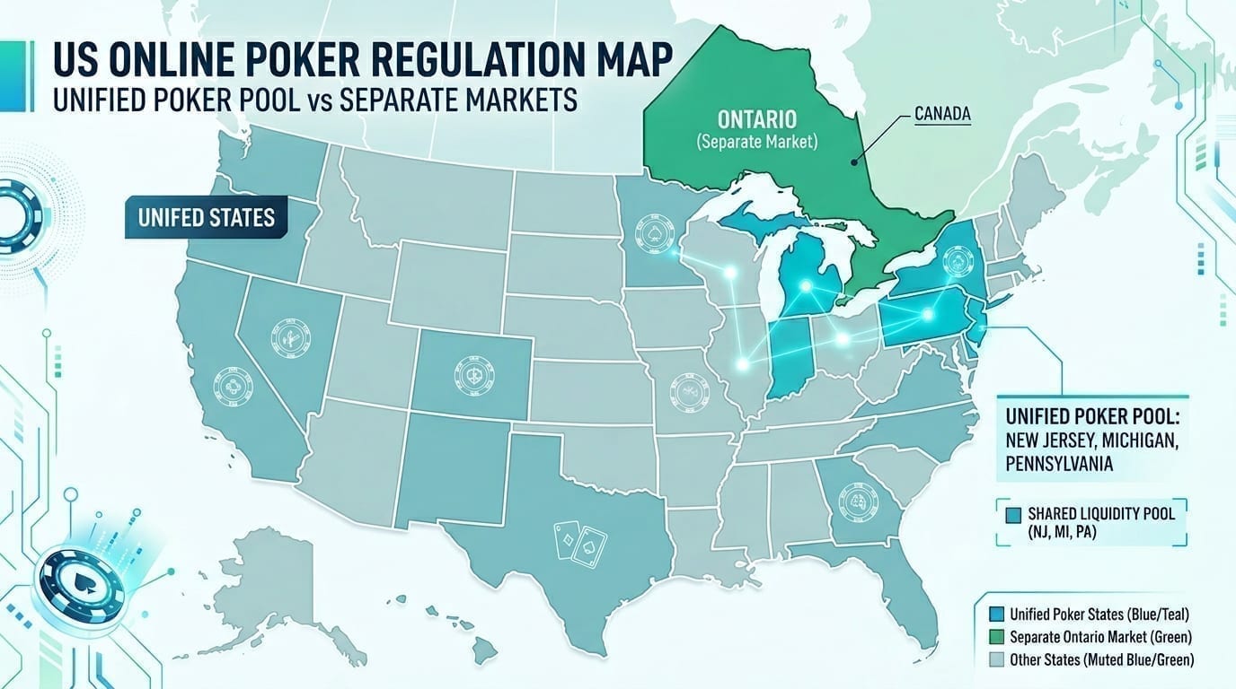 Map showing unified US poker states and separate Ontario market