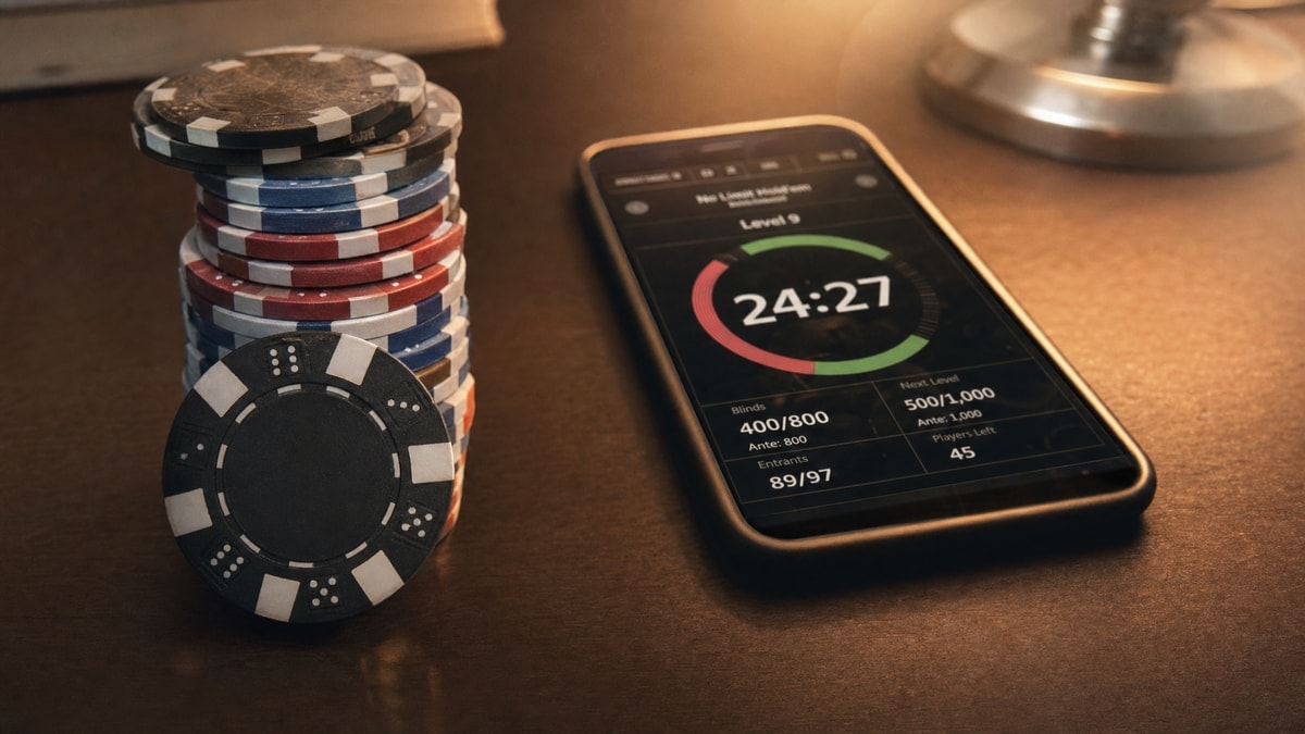 Poker chips and a phone displaying a tournament clock on a desk