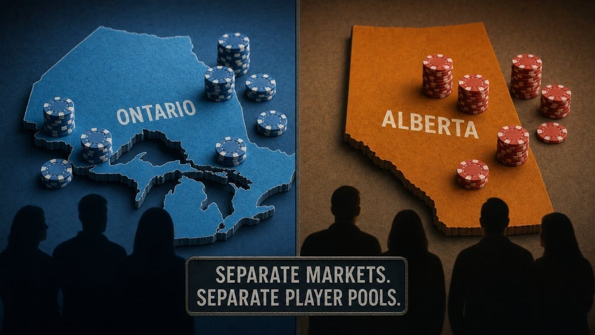 Map showing Ontario and Alberta as separate poker markets