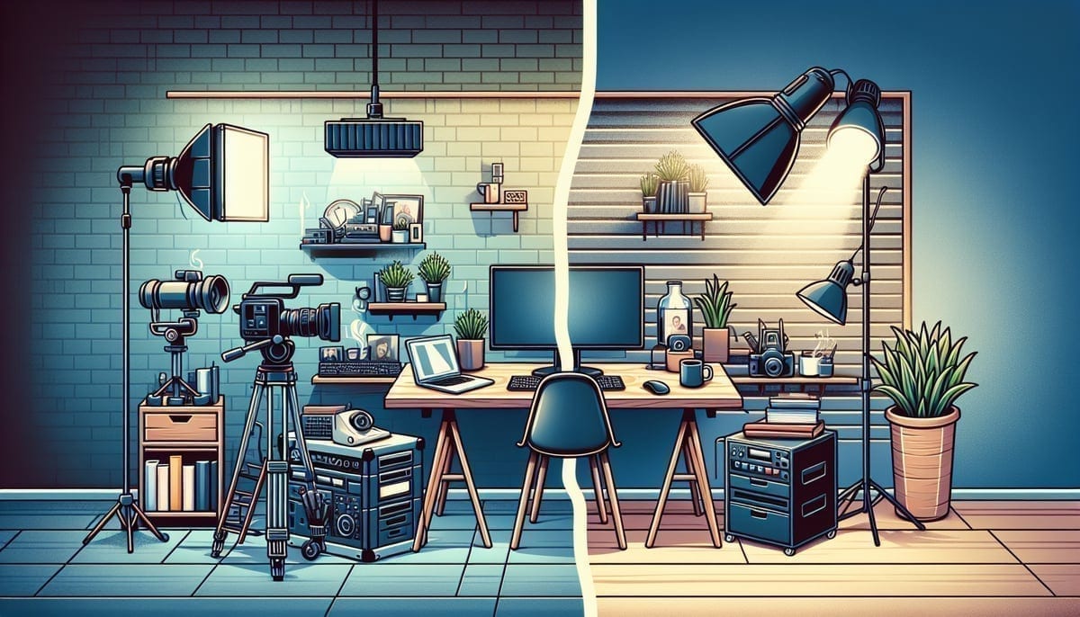 Contrast between YouTube creator setup and writer's workspace