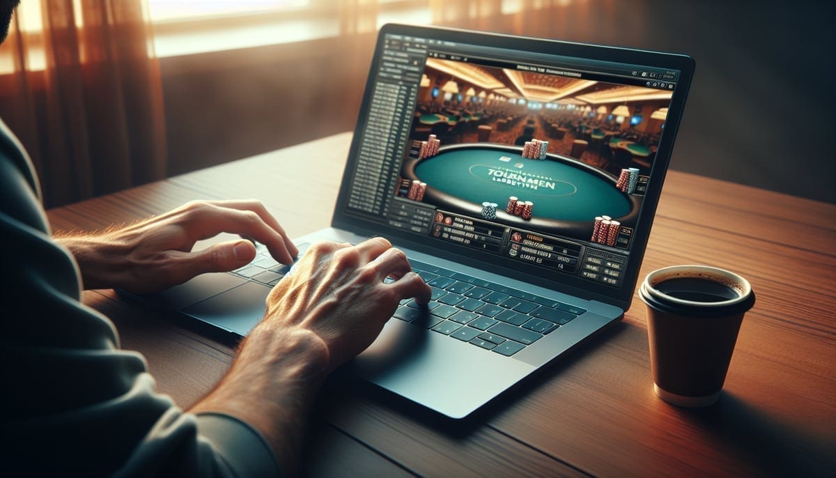 Poker player registering for online tournament on laptop