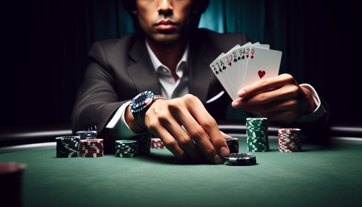 Close-up of poker hands and chips at high-stakes table