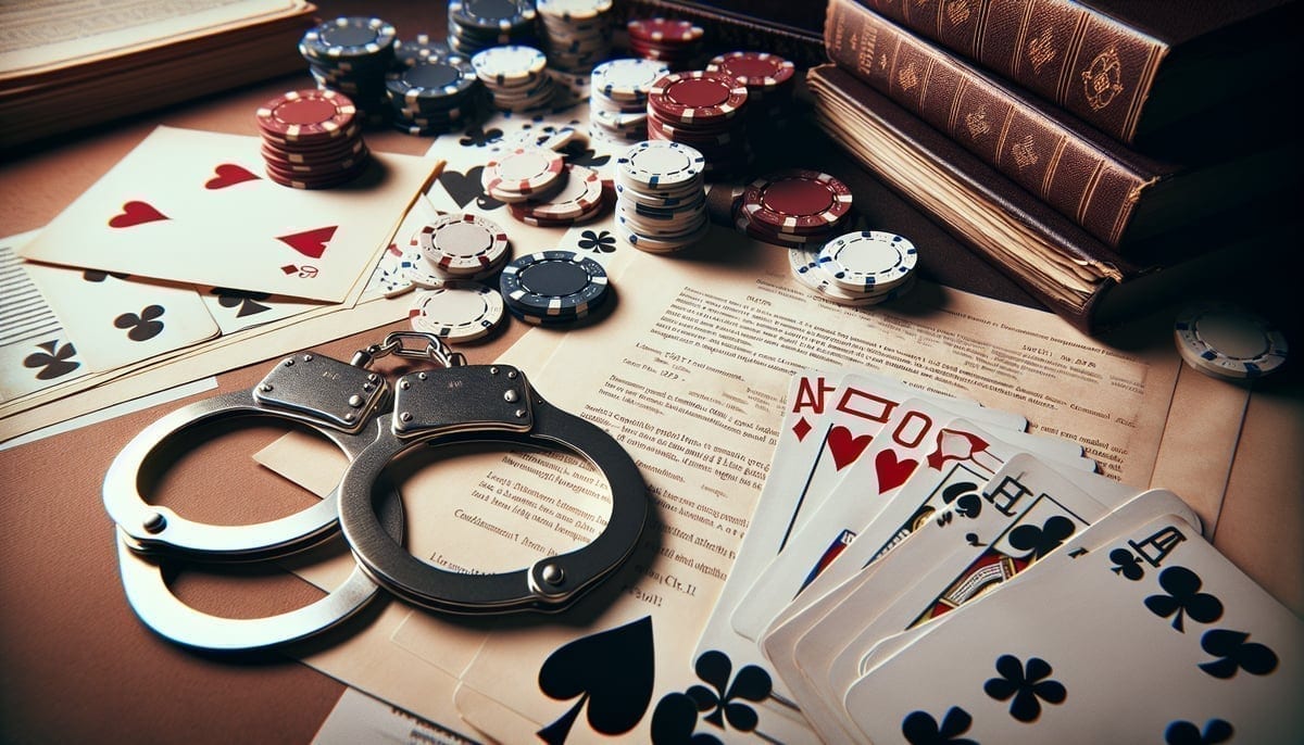 Legal documents with poker cards representing Goldstein's situation
