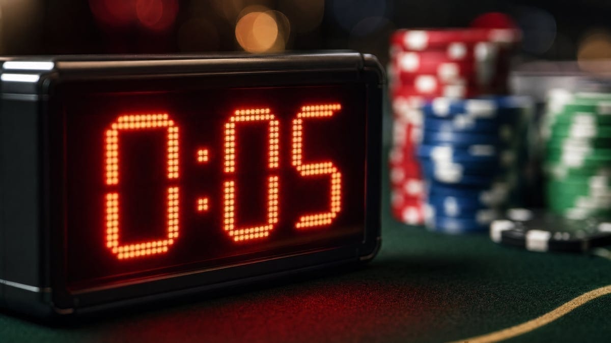 Digital shot clock timer counting down during high-stakes poker hand