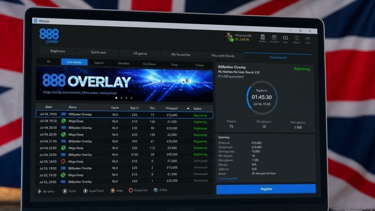 888poker tournament lobby showing massive overlay guarantees