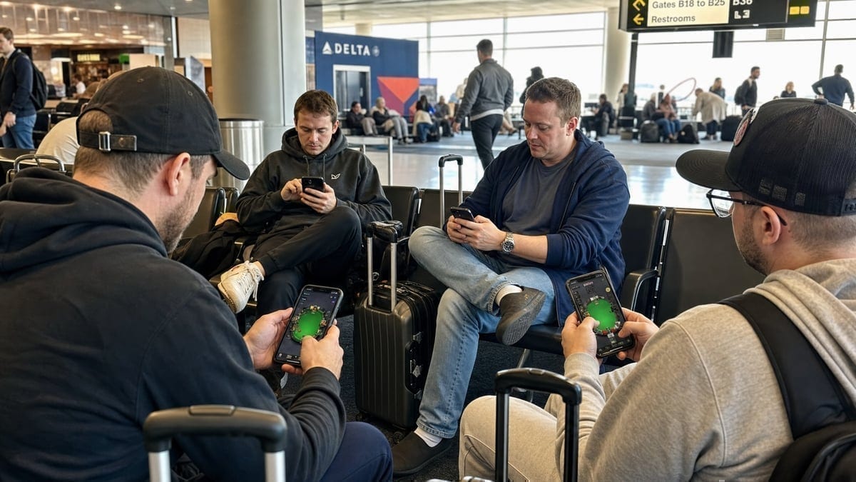Poker players waiting at an airport departure lounge