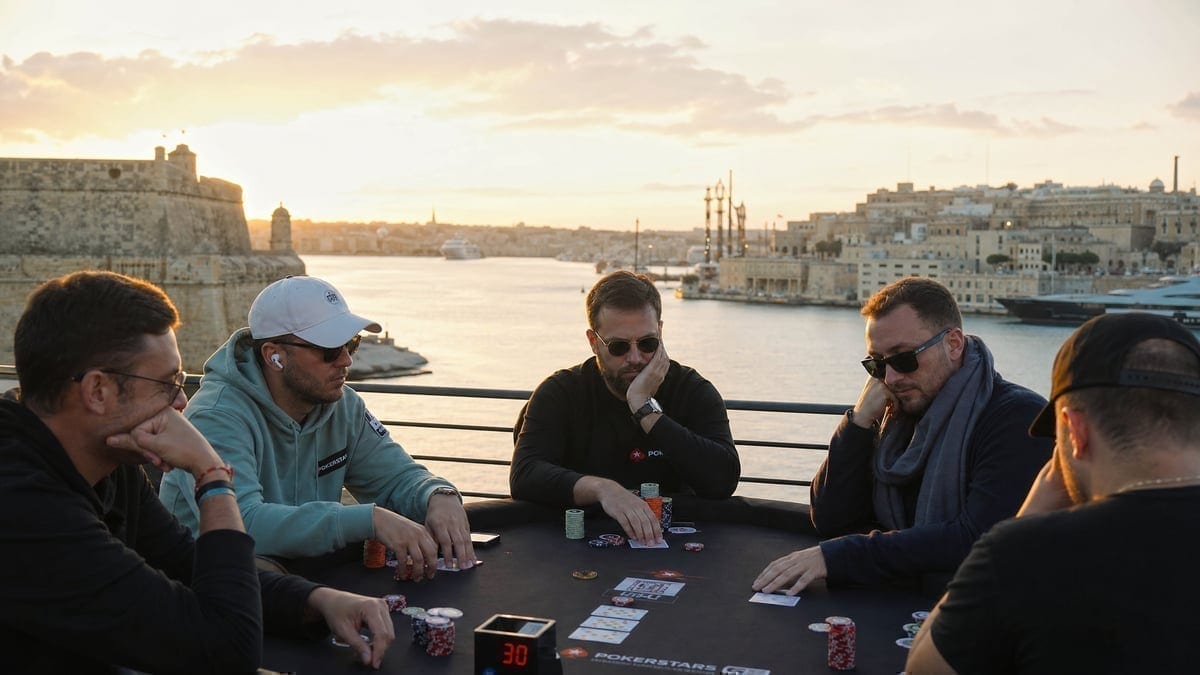 Poker players at a table overlooking Malta's Grand Harbour at sunset