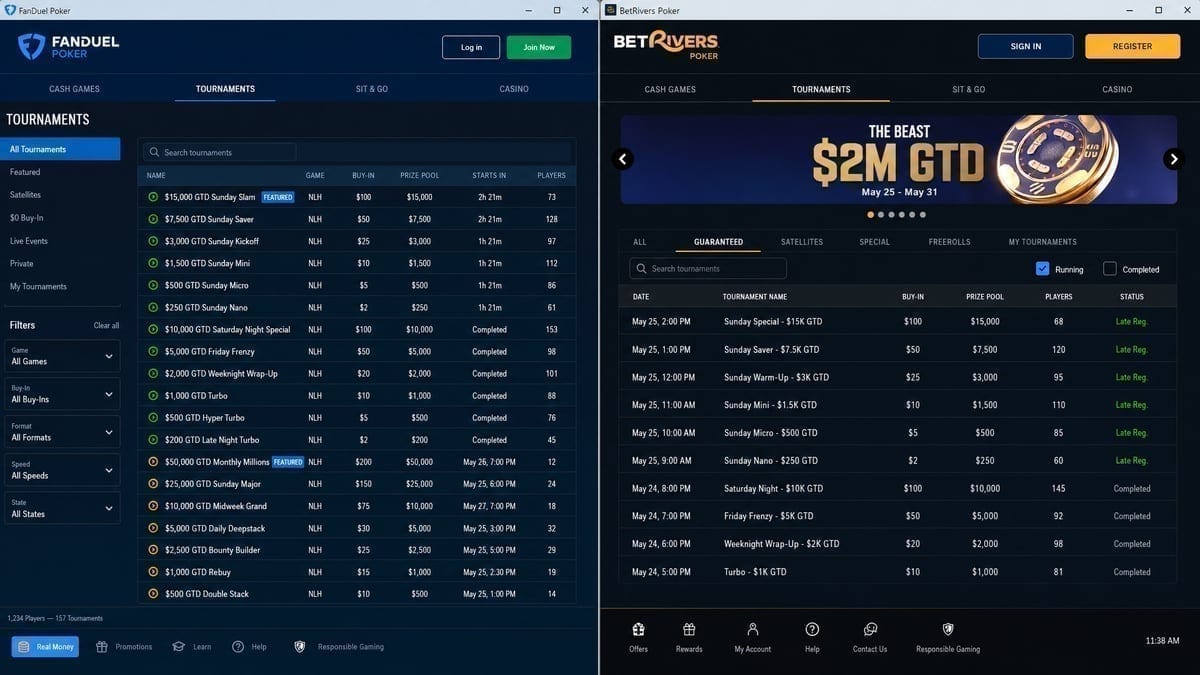 FanDuel and BetRivers tournament lobbies showing overlay statistics