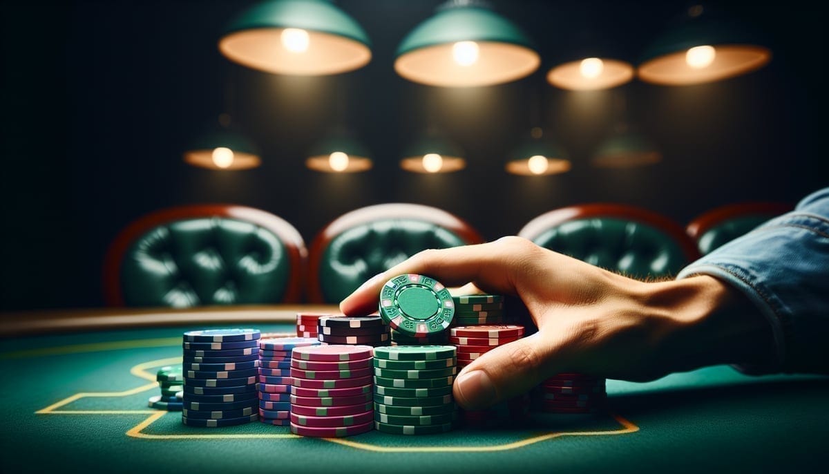 Tournament chips being stacked at a professional poker event
