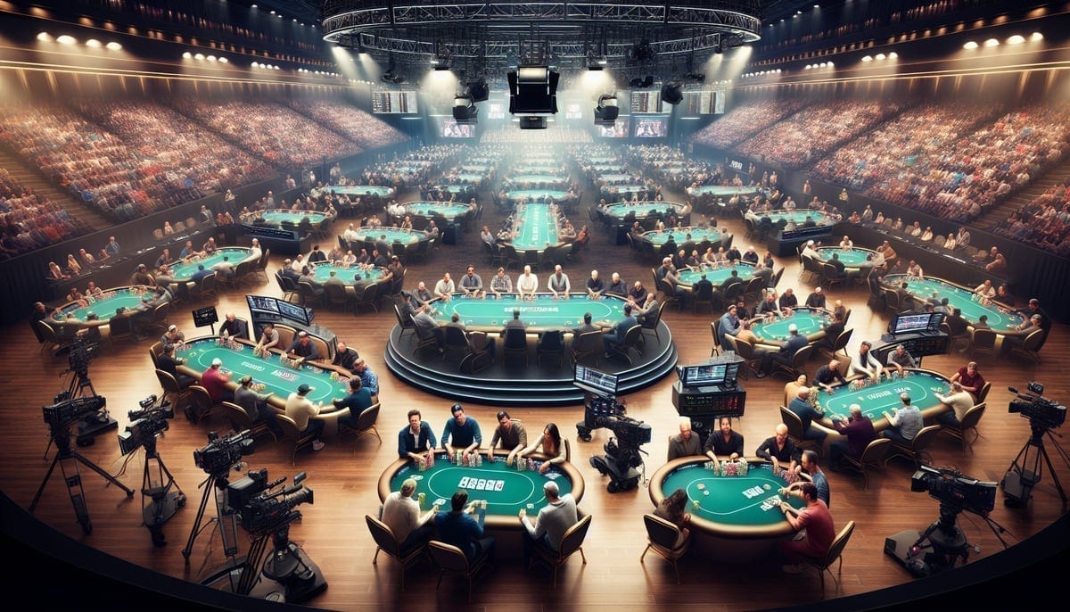 WSOP tournament floor with broadcast equipment set up for live streaming