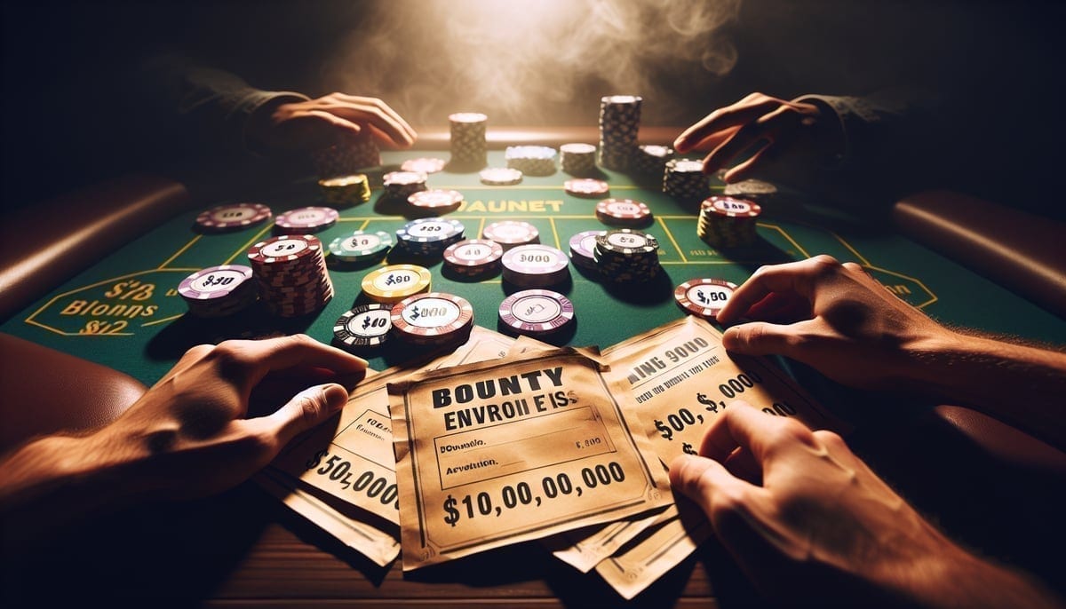 Mystery bounty envelopes being opened at a poker table