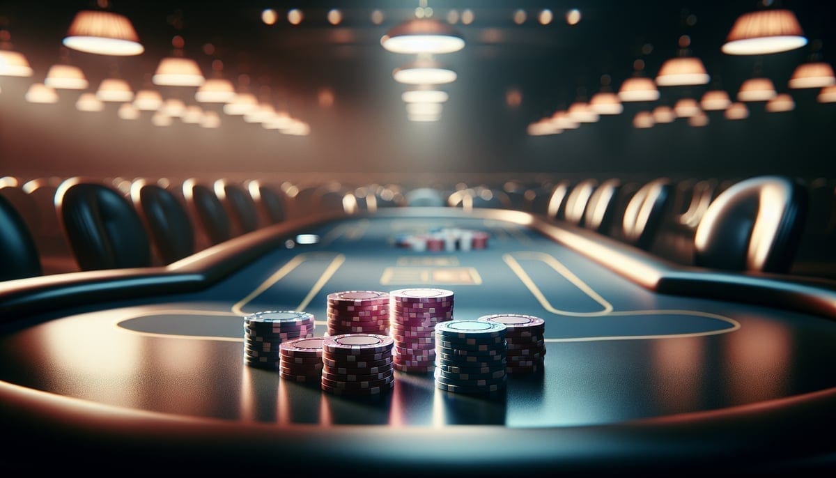 Empty high-stakes poker table with chips waiting for players