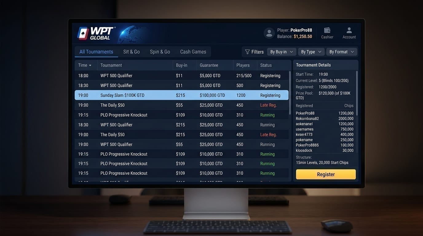 WPT Global online poker tournament lobby interface