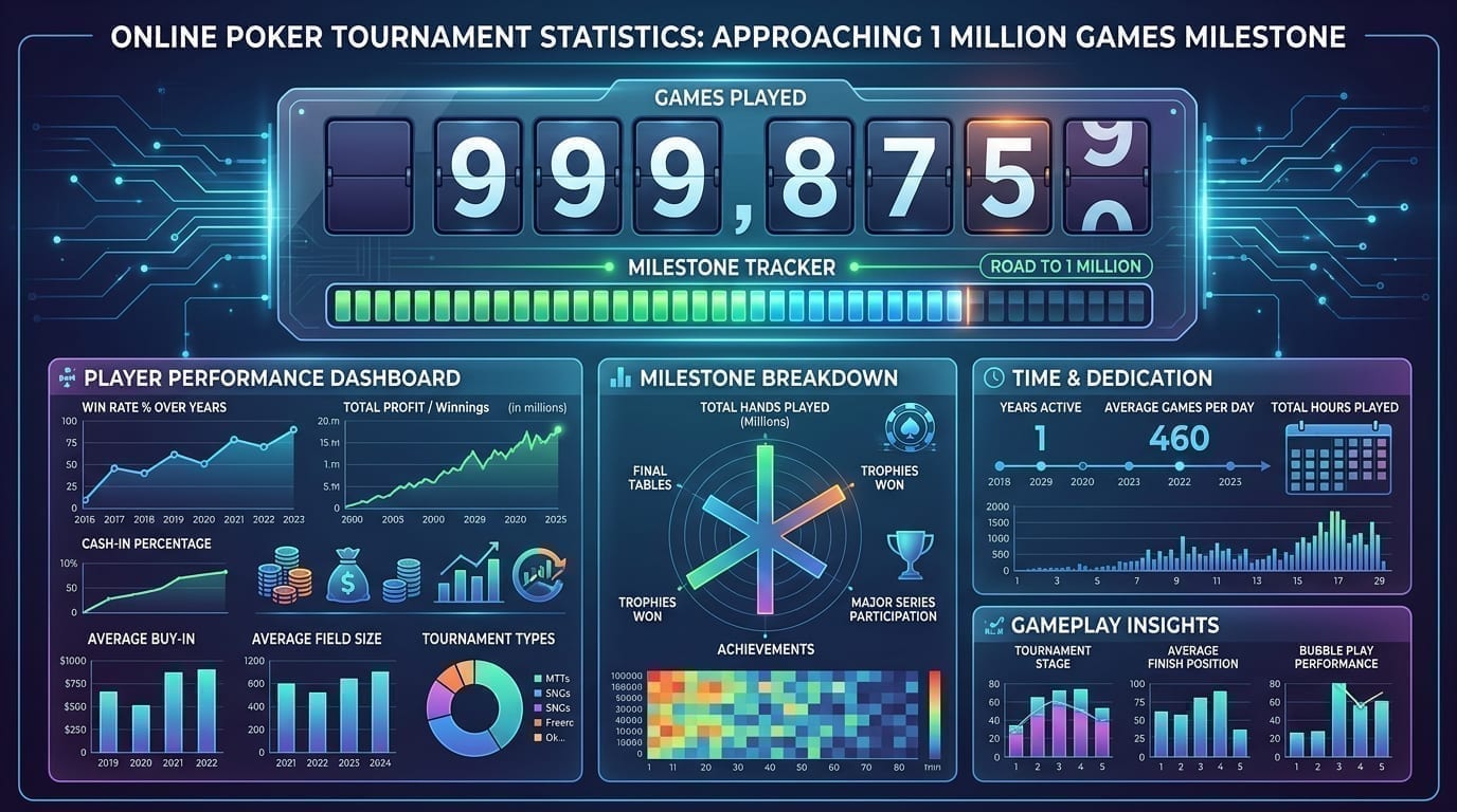 Online poker tournament statistics showing player approaching 1 million games